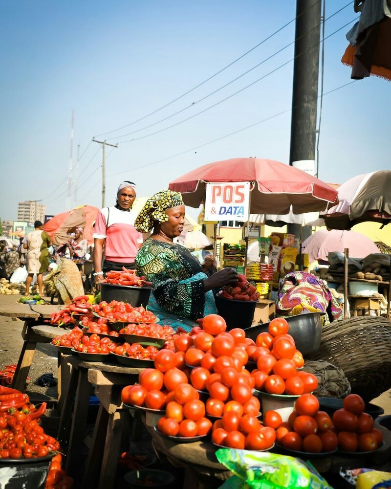 A trader sells fresh tomatoes and peppers at an open-air Nigerian market